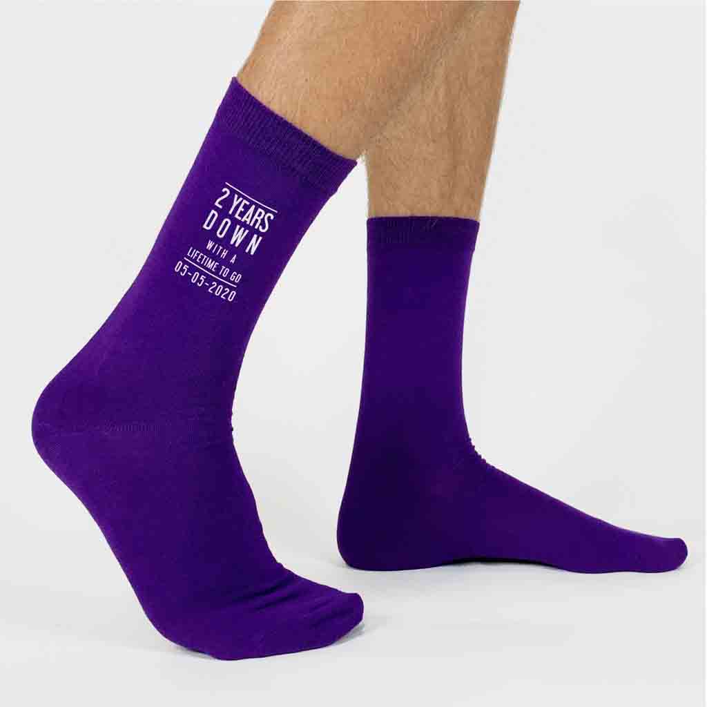 Custom printed cotton wedding anniversary gift for him on purple dress socks