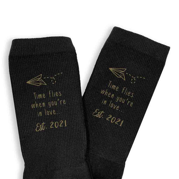 Time flies when you're in love digitally printed and personalized with your established wedding year on cotton socks.