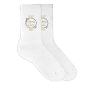 The best two years ever design with your wedding date digitally printed on white cotton crew socks.