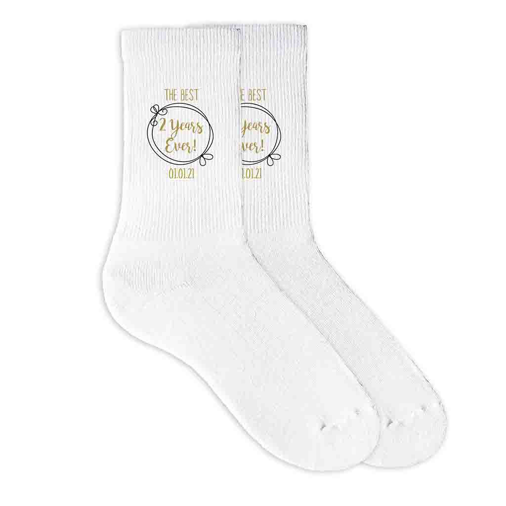 The best two years ever design with your wedding date digitally printed on white cotton crew socks.