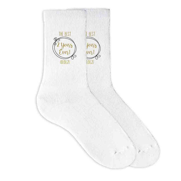 The best two years ever design with your wedding date digitally printed on white cotton crew socks.