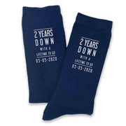 Two year anniversary custom printed cotton anniversary socks digitally printed with a lifetime to go and your wedding date.