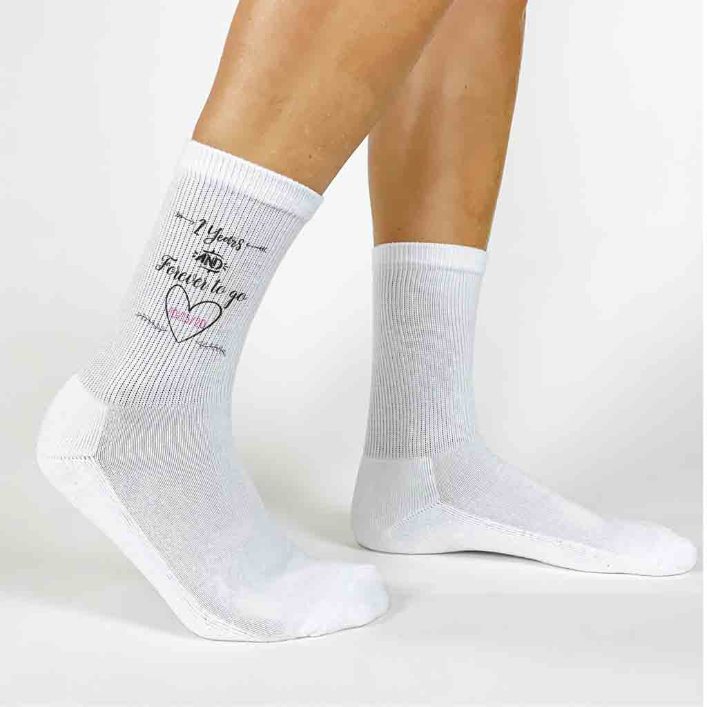 These custom printed white socks make a great cotton anniversary gift her