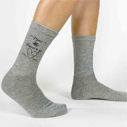 These custom printed heather gray socks make a great cotton anniversary gift her