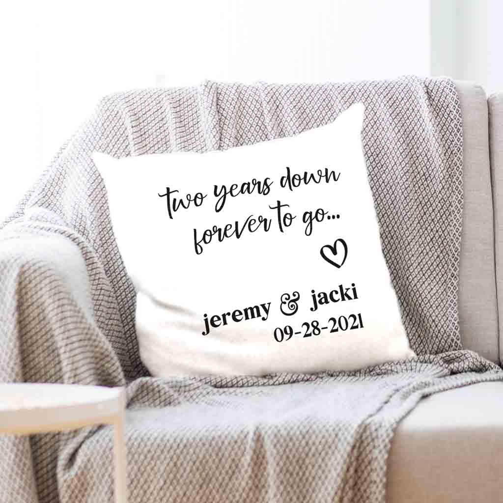 Two year anniversary cotton pillow cover personalized with your names and date printed with ink color of your choice.