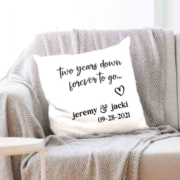 Two year anniversary cotton pillow cover personalized with your names and date printed with ink color of your choice.