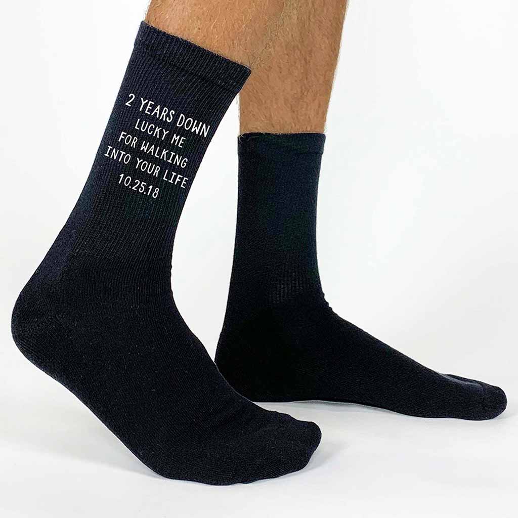 Two year anniversary custom printed socks for your husband.