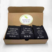 Two year anniversary gift box set custom printed socks available in flat knit or ribbed crew.
