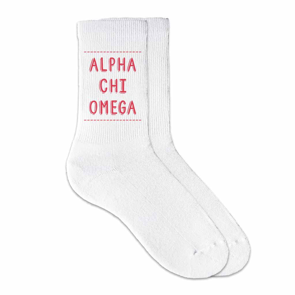 Alpha Chi Omega sorority name custom printed in sorority colors on white cotton crew socks is the perfect gift for your sorority sisters.