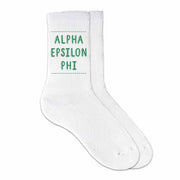 Alpha Epsilon Phi sorority name in sorority color digitally printed on soft white cotton crew socks make the perfect accessory.