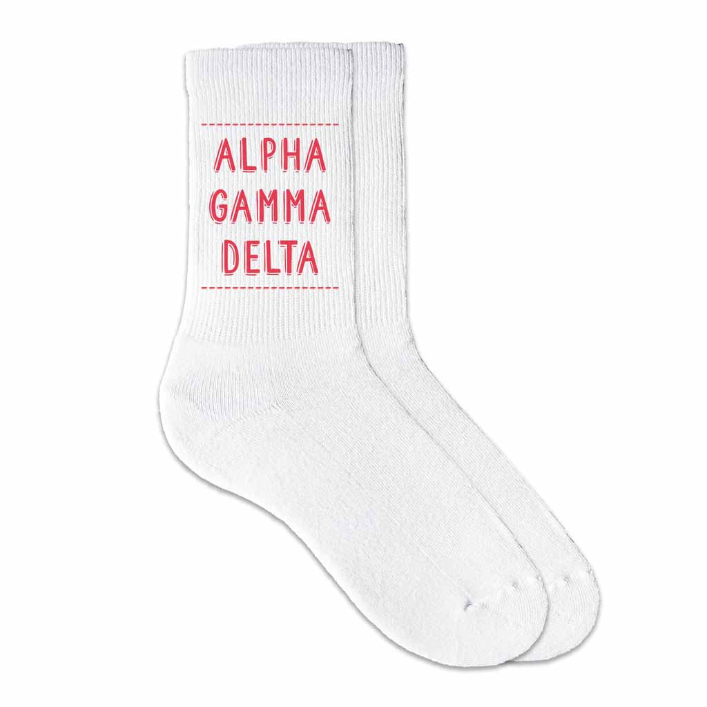 Alpha Gamma Delta sorority crew socks digitally printed in sorority color on soft white cotton crew socks make the perfect gift for your sorority sisters.