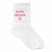 Alpha Omicron Pi sorority crew socks digitally printed in sorority color on soft white cotton crew socks make the perfect gift for your sorority sisters.