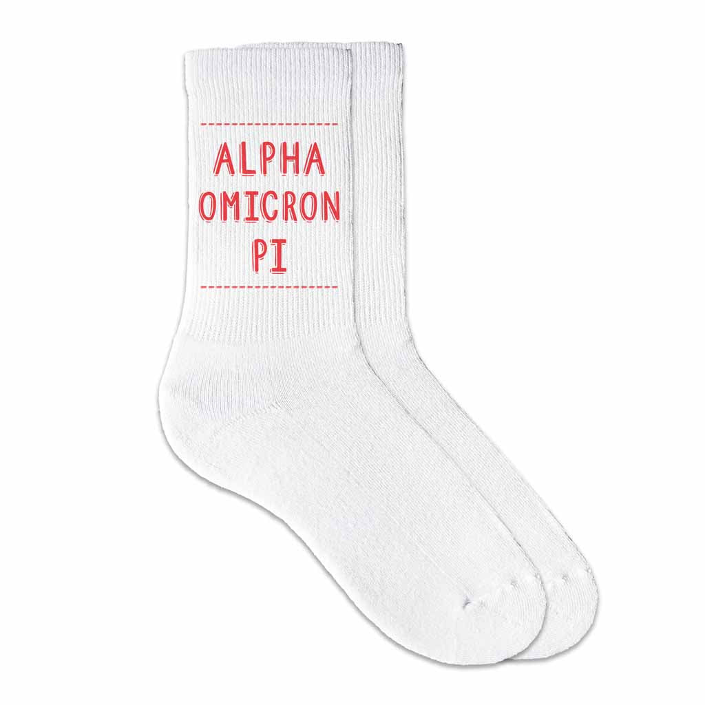 Alpha Omicron Pi sorority crew socks digitally printed in sorority color on soft white cotton crew socks make the perfect gift for your sorority sisters.