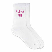 Alpha Phi sorority crew socks digitally printed in sorority color on soft white cotton crew socks make the perfect gift for your sorority sisters.
