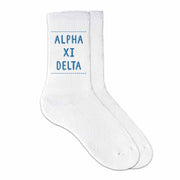 Alpha Xi Delta sorority crew socks digitally printed in sorority color on soft white cotton crew socks make the perfect gift for your sorority sisters.