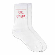 Chi Omega sorority crew socks digitally printed in sorority color on soft white cotton crew socks make the perfect gift for your sorority sisters.
