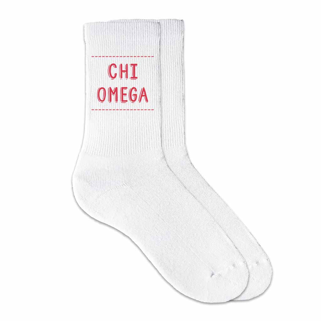 Chi Omega sorority crew socks digitally printed in sorority color on soft white cotton crew socks make the perfect gift for your sorority sisters.