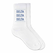 Delta Delta Delta sorority crew socks digitally printed in sorority color on soft white cotton crew socks make the perfect gift for your sorority sisters.