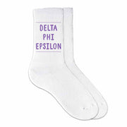 Delta Phi Epsilon sorority crew socks digitally printed in sorority color on soft white cotton crew socks make the perfect gift for your sorority sisters.