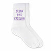 Delta Phi Epsilon sorority crew socks digitally printed in sorority color on soft white cotton crew socks make the perfect gift for your sorority sisters.