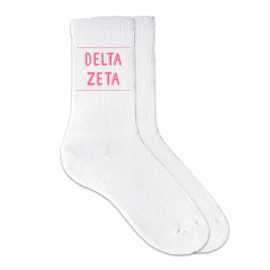 Delta Zeta sorority crew socks digitally printed in sorority color on soft white cotton crew socks make the perfect gift for your sorority sisters.
