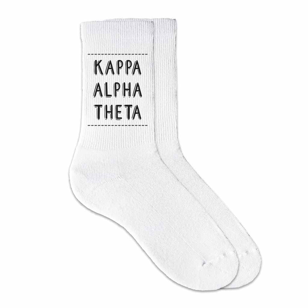 Kappa Alpha Theta sorority crew socks digitally printed in sorority color on soft white cotton crew socks make the perfect gift for your sorority sisters.