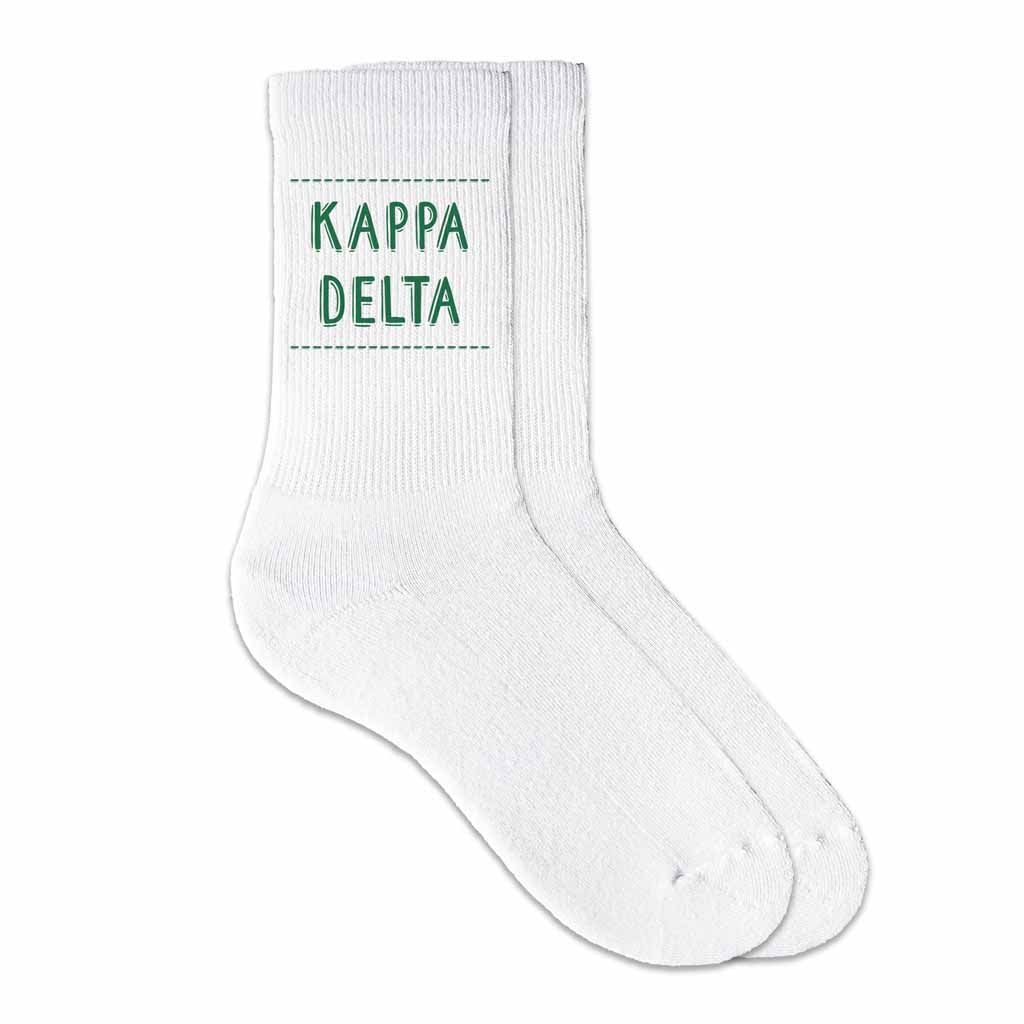 Kappa Delta sorority crew socks digitally printed in sorority color on soft white cotton crew socks make the perfect gift for your sorority sisters.