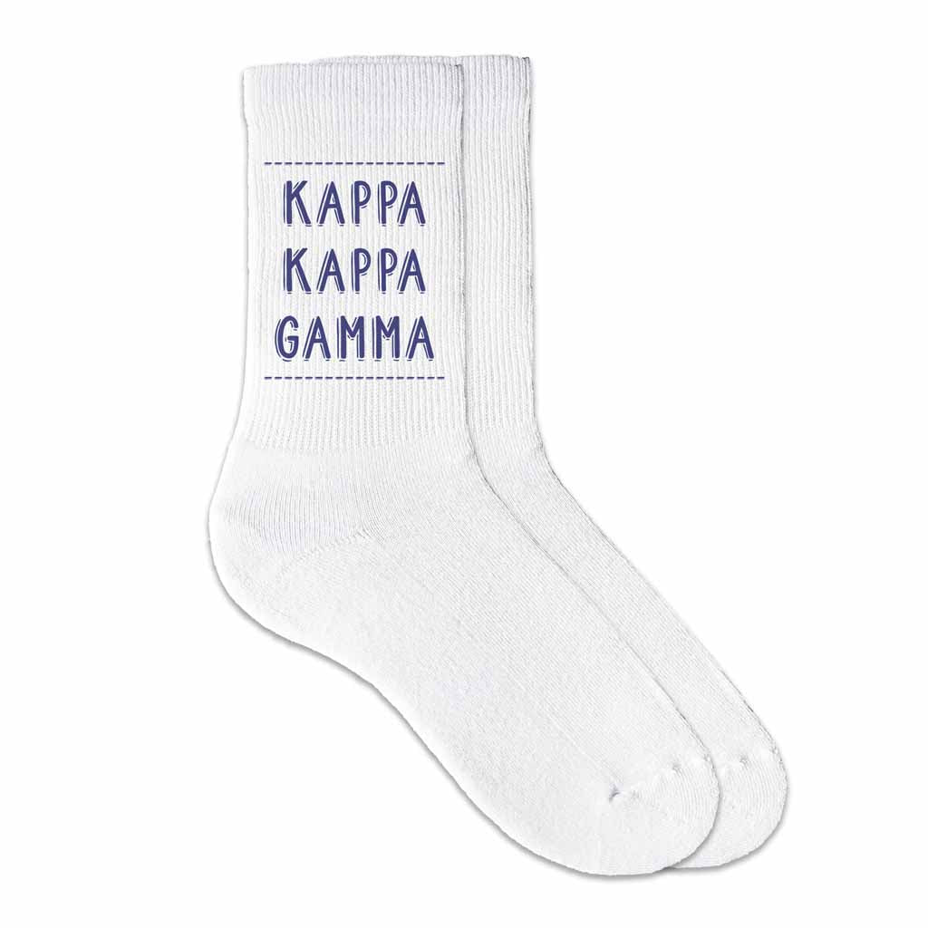 Kappa Kappa Gamma sorority crew socks digitally printed in sorority color on soft white cotton crew socks make the perfect gift for your sorority sisters.