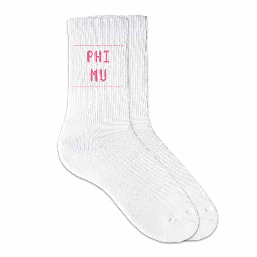 Phi Mu sorority crew socks digitally printed in sorority color on soft white cotton crew socks make the perfect gift for your sorority sisters.