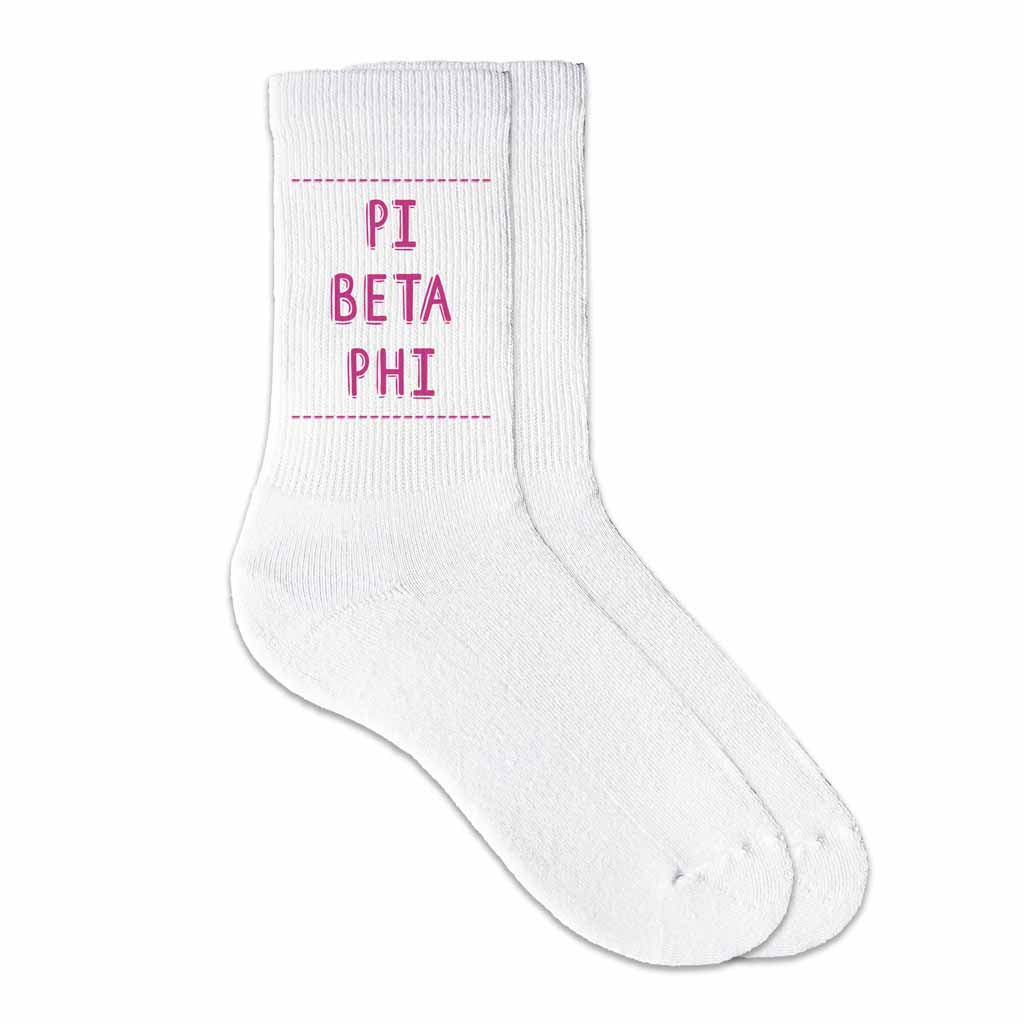 Pi Beta Phi sorority crew socks digitally printed in sorority color on soft white cotton crew socks make the perfect gift for your sorority sisters.