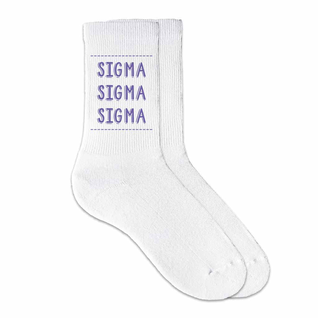 Sigma Sigma Sigma sorority crew socks digitally printed in sorority color on soft white cotton crew socks make the perfect gift for your sorority sisters.