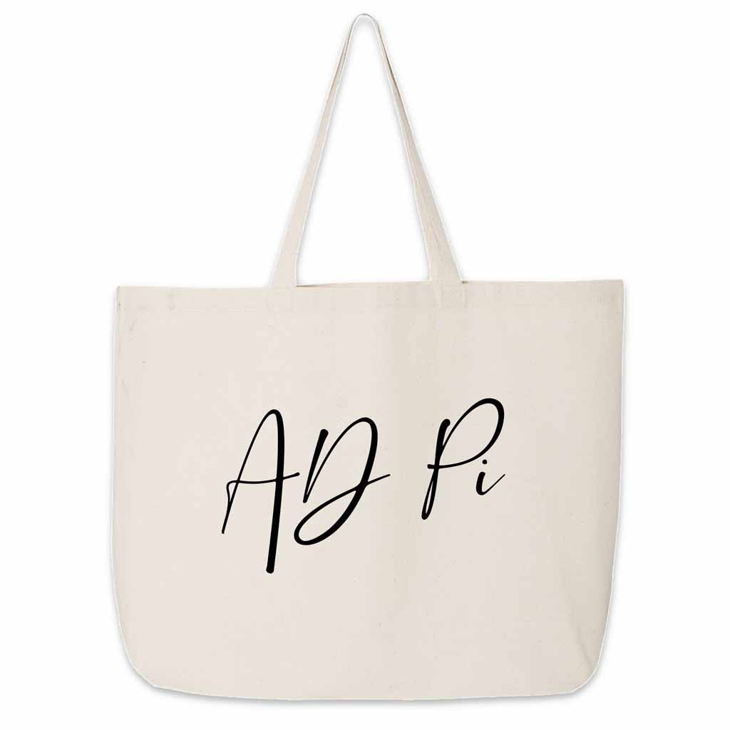 Fun Alpha Delta Pi sorority nickname printed on a canvas tote bag in script writing is a great gift for your sorority sisters.