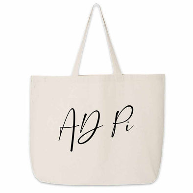 Fun Alpha Delta Pi sorority nickname printed on a canvas tote bag in script writing is a great gift for your sorority sisters.