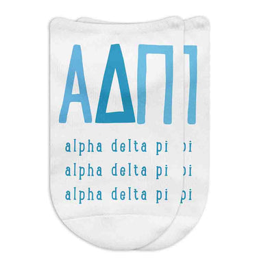 Alpha Delta Pi sorority letters and name digitally printed on white no show socks.