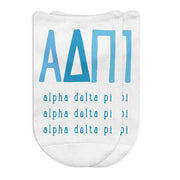 Alpha Delta Pi sorority letters and name digitally printed on white no show socks.