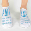 Alpha Delta Pi sorority letters and name digitally printed on white no show socks.