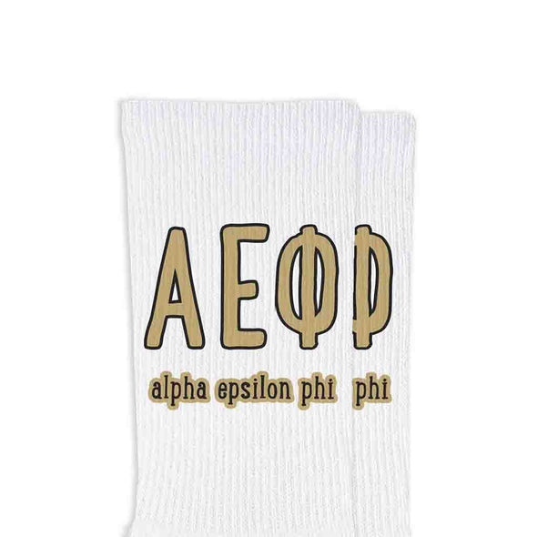 Alpha Epsilon Phi sorority name and letters digitally printed on white crew socks.