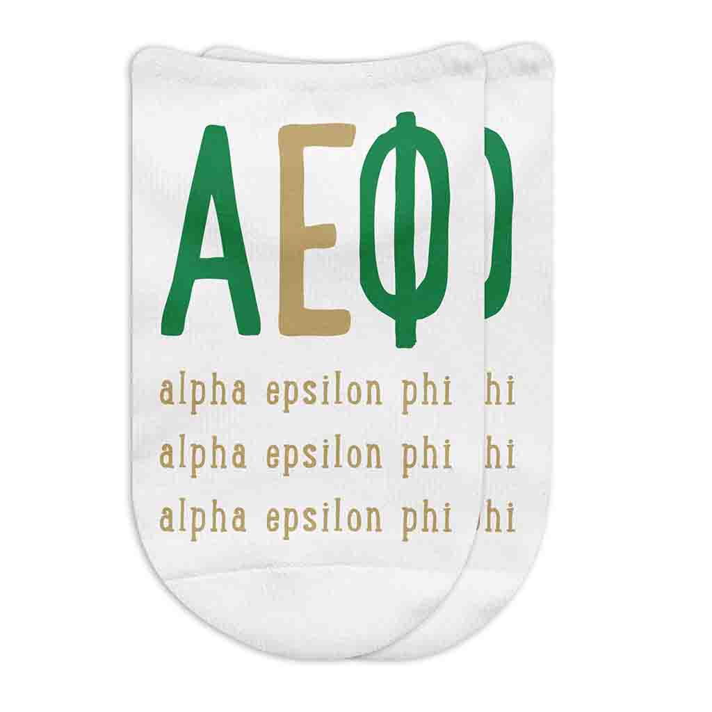 Alpha Epsilon Phi sorority name and letters digitally printed in sorority color on white no show socks.