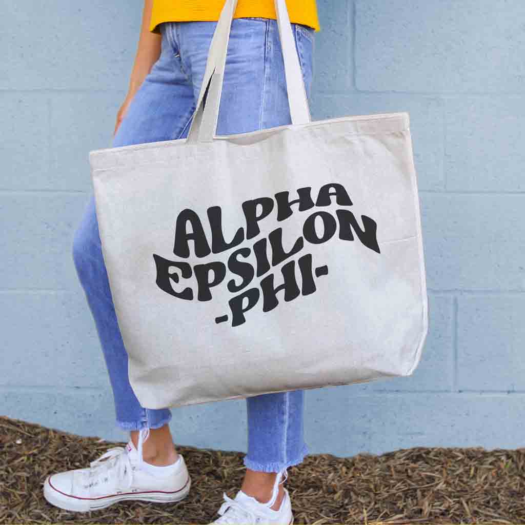 Alpha Epsilon Phi digitally printed simple mod design on roomy canvas sorority tote bag.