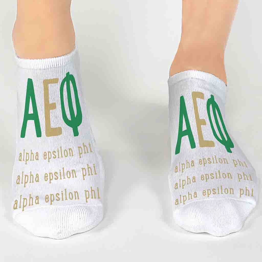 Alpha Epsilon Phi sorority name and letters digitally printed in sorority color on white no show socks.