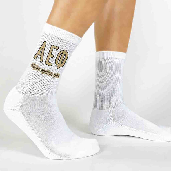 Alpha Epsilon Phi sorority name and letters digitally printed on white crew socks.