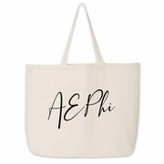 Fun Alpha Epsilon Phi sorority nickname printed on a canvas tote bag in script writing is a great gift for your sorority sisters.