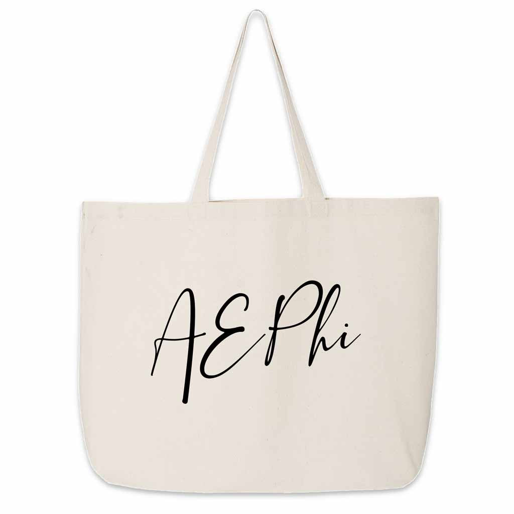 The perfect carry all for all your college sorority gear this Alpha Epsilon Phi sorority nickname printed on canvas tote bag in script writing.