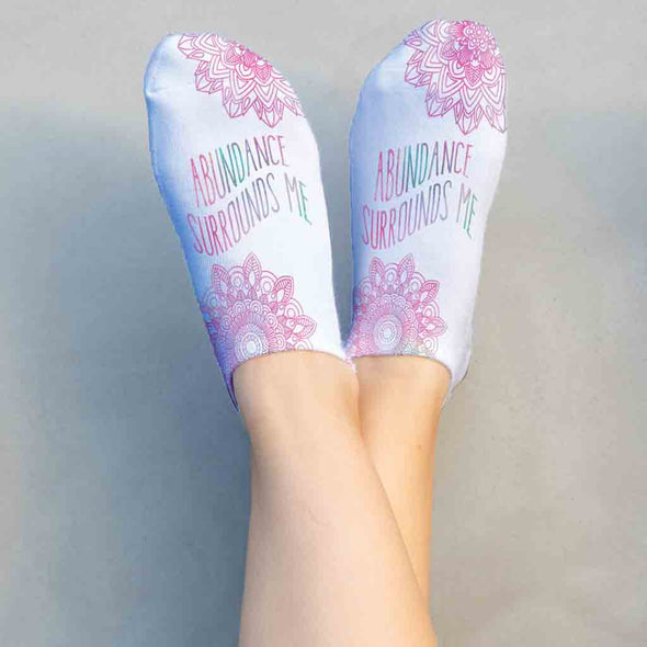 Self affirmation design by sockprints Abundance surrounds me custom printed on no show socks.