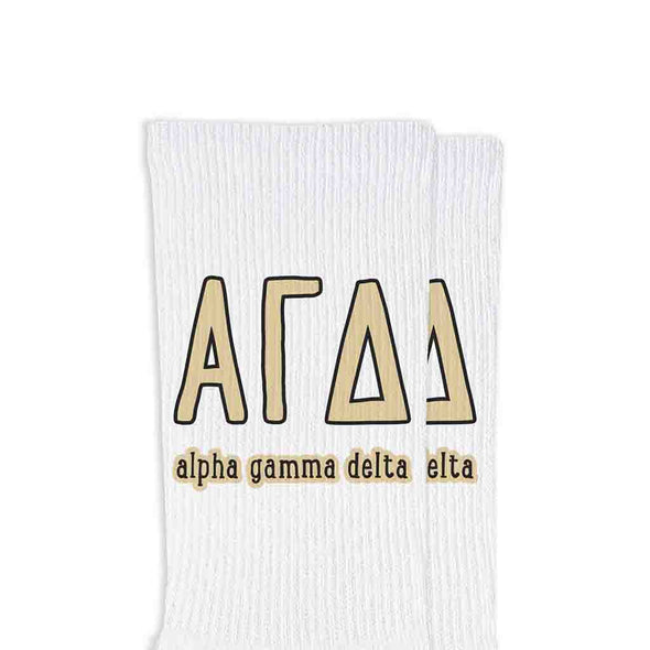 Alpha Gamma Delta sorority name and letters digitally printed on white crew socks.