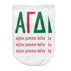 Alpha Gamma Delta sorority name and letters digitally printed on white no show socks.