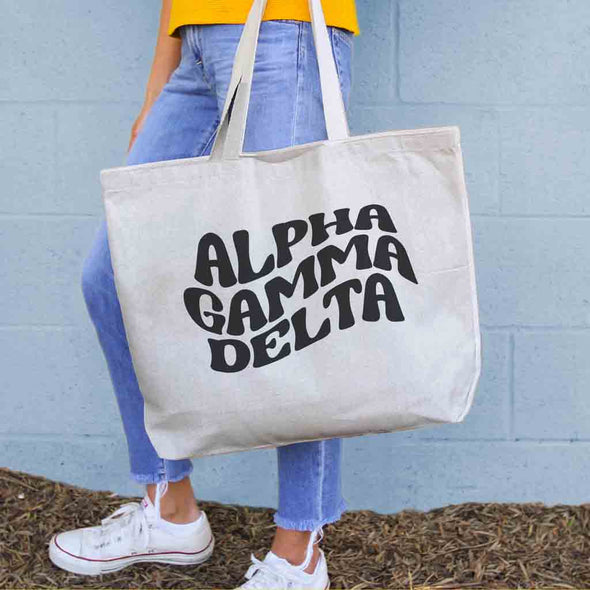 Alpha Gamma Delta digitally printed simple mod design on roomy canvas sorority tote bag.