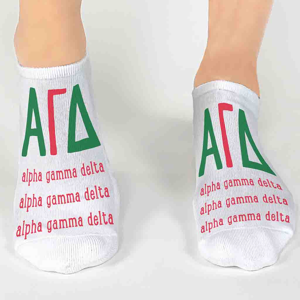 Alpha Gamma Delta sorority name and letters digitally printed on white no show socks.