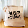 Alpha Chi Omega sorority name with a simple mod design digitally printed on roomy canvas tote bag.