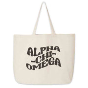 Alpha Chi Omega sorority name with a simple mod design digitally printed on roomy canvas tote bag.